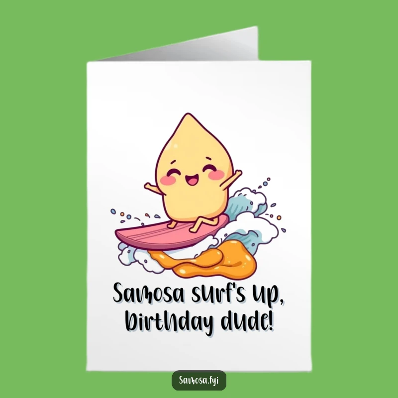 Free Printable Birthday Card: Giggling Samosa Surfs Chutney Wave, Funny Downloadable Gift