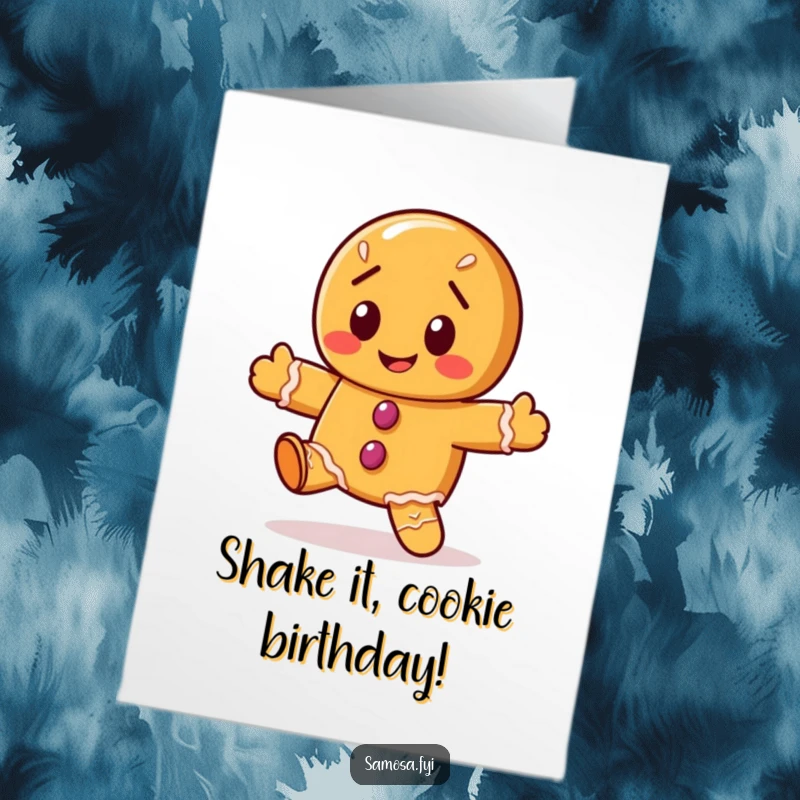 Funny Free Printable Birthday Card: A cheerful gingerbread cookie character attempts a hilariously wobbly dance with a big smile.