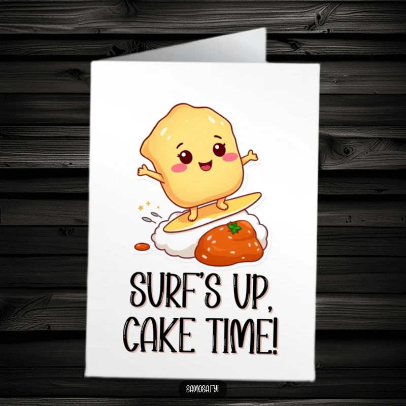 Funny Free Printable Birthday Card: Smiling pastry surfing chutney dollop, a humorous and festive birthday card.