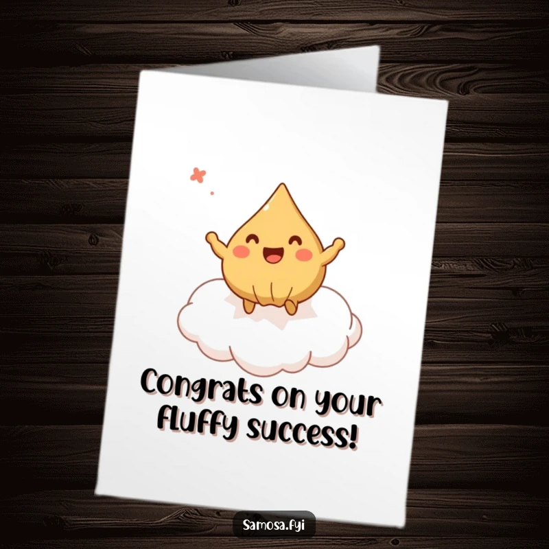 Funny Free Printable congratulations card featuring a happy samosa bouncing with delight on a soft puff pastry cloud.