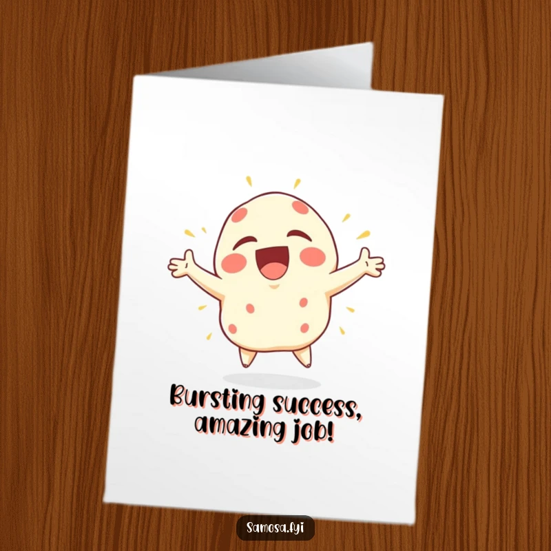 Funny Free Printable Congratulations Card showing a samosa character overcome with joy, flailing its arms wildly in pure elation.