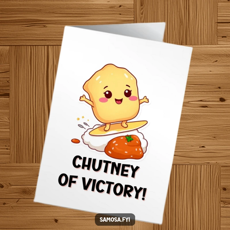 Funny Free Printable Congrats Card: Pastry surfing a dollop of chutney, a humorous symbol of riding life's waves.