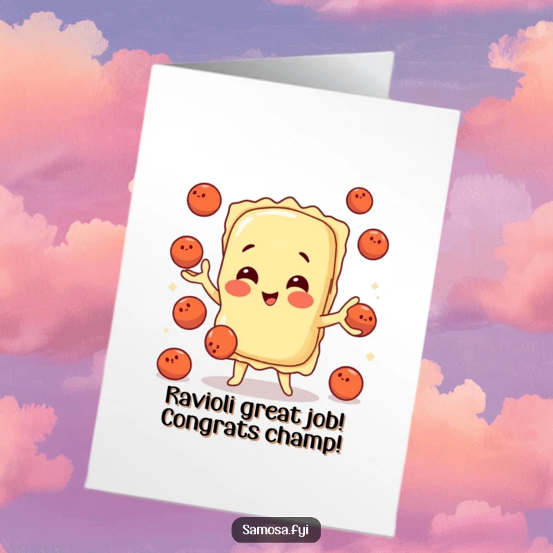 Funny Free Printable Congrats Card: A playful ravioli character impressively juggling tiny meatballs to celebrate a big win.