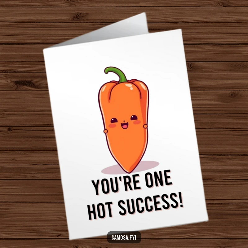 Funny Free Printable Congratulations Card showing a playful samosa character curiously peeking from behind a comically large chili pepper.