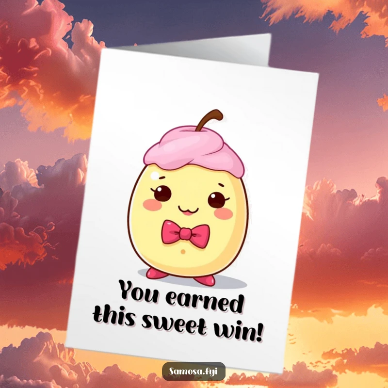 Hilarious Free Printable Congratulations Card with a distinguished Gulab Jamun sporting a tiny bow tie, perfect for any win.