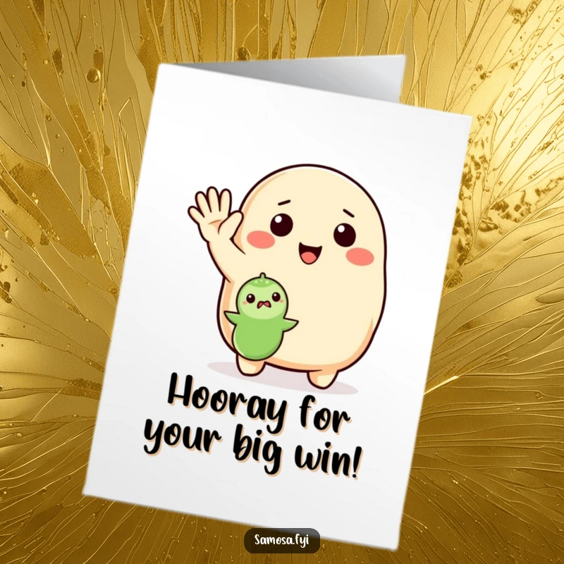 Funny Free Printable congratulations card showing a happy samosa waving hello to a tiny pea, celebrating a milestone.