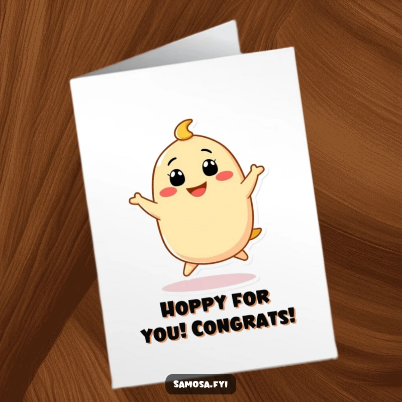 Funny Free Printable Congratulations Card: Samosa character doing a funny little hop with a big grin, celebrating success with infectious enthusiasm.