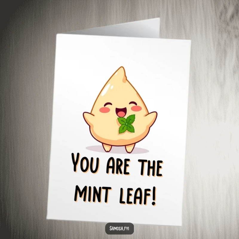 Funny Free Printable Congrats Card: Joyful samosa offers a mint leaf, celebrating success with a tasty gift.