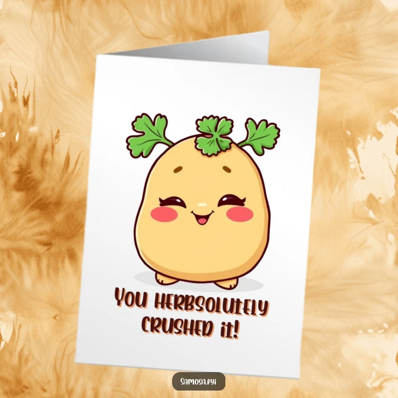 Funny Free Printable Congrats Card: Mischievous samosa winks wearing a parsley hat, celebrating sneaky wins.