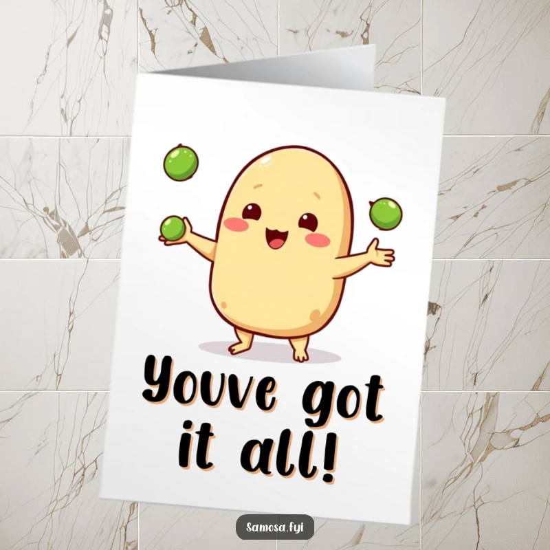 Funny free printable congratulations card: A joyful samosa character juggles three small peas, celebrating an achievement.