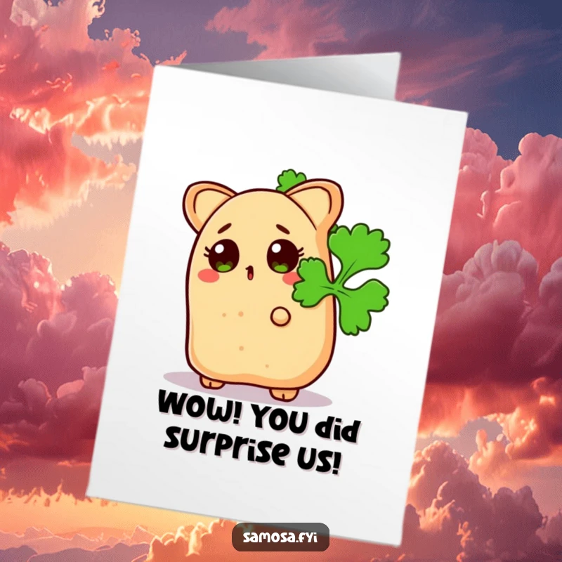 Funny free printable congratulations card: a startled samosa peeks inquisitively from behind a fresh coriander leaf, celebrating.