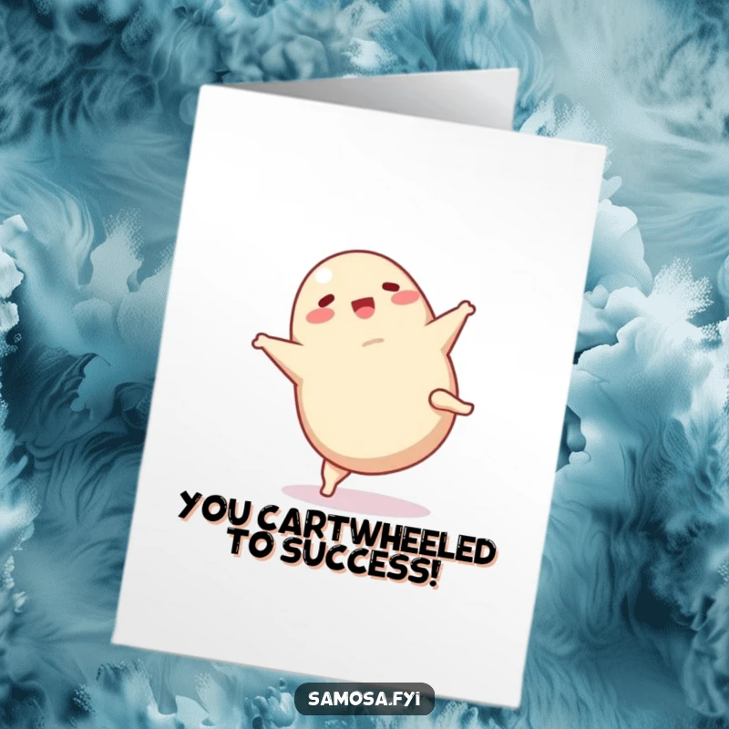 Funny Free Printable Congrats Card: A dynamic samosa performing a cartwheel, celebrating success. Hilarious downloadable achievement art.