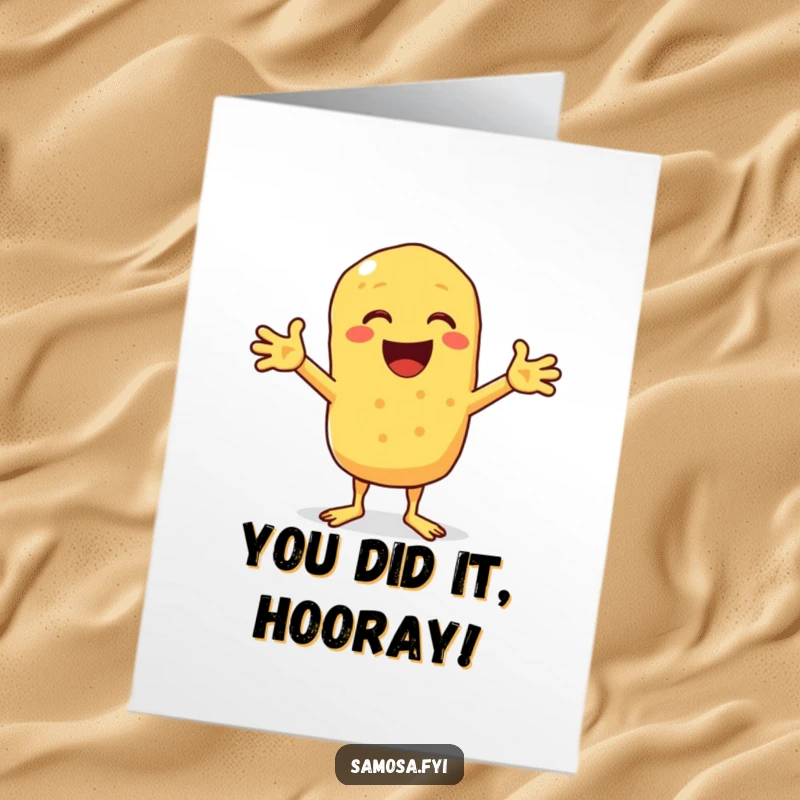 Funny Free Printable Congrats Card: Chickpea fritter shrugging with arms wide, a humorous take on success, downloadable art.