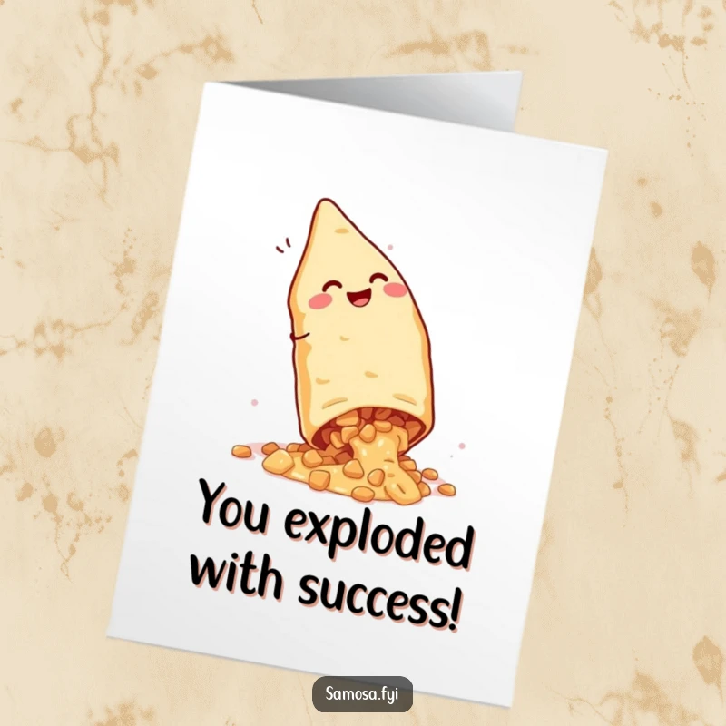 Funny free printable congratulations card: a gleeful samosa does a cartwheel, spilling filling in a celebratory tumble.