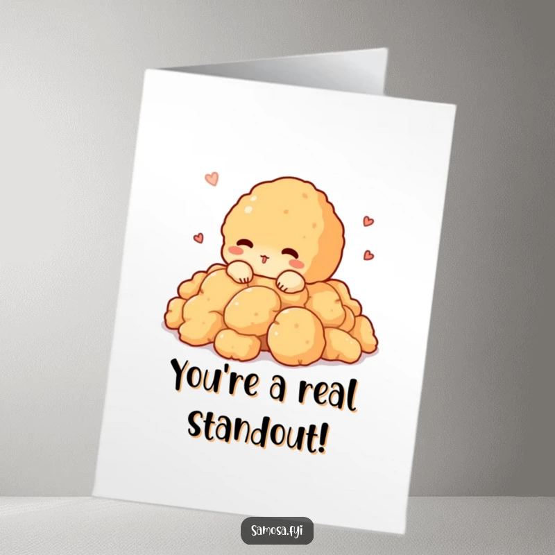 Funny Free Printable Pakora Congratulations Card: A shy pakora character peeks out, congratulating with a bashful grin.
