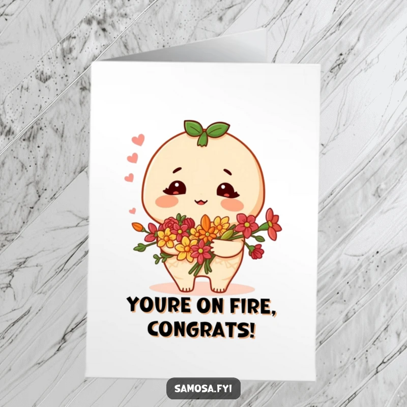 Funny Free Printable Congrats Card: A blushing samosa character holds a bouquet of spice flowers, celebrating your achievement.