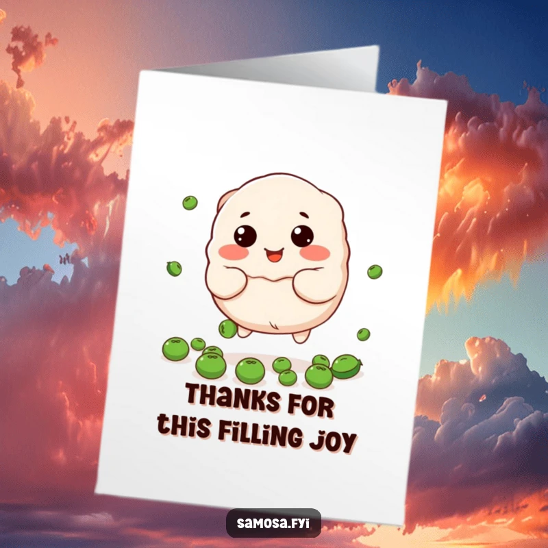 Funny Free Printable Thank You Card: A smiling stuffed dumpling character playfully tries to catch falling peas, conveying thanks.