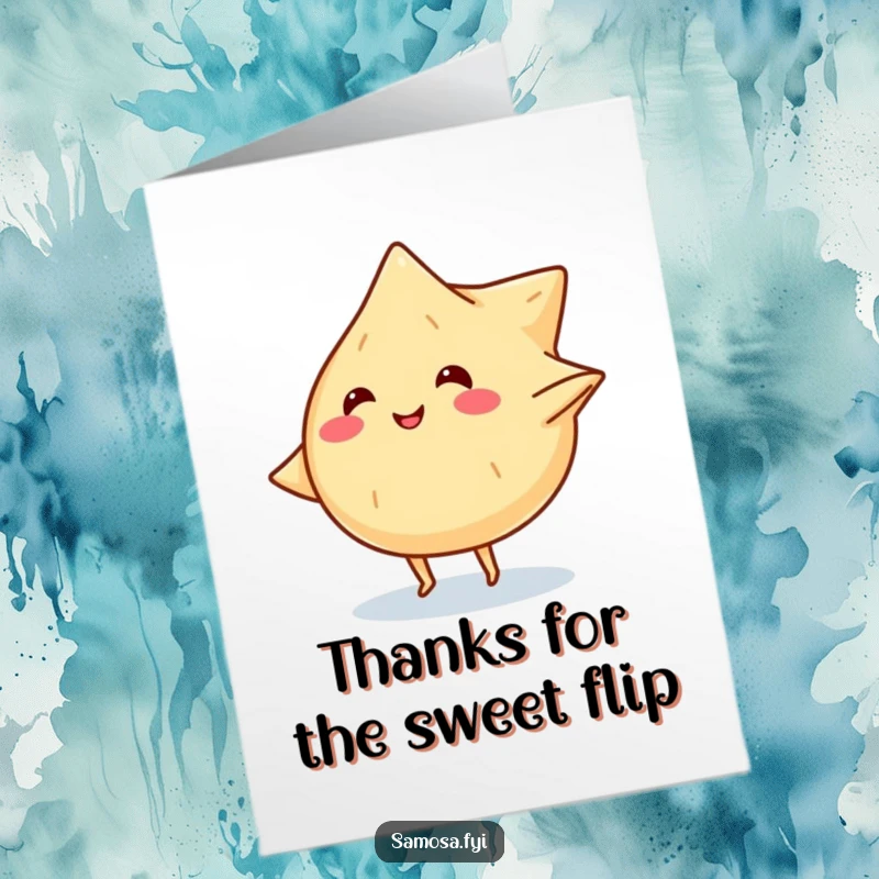 Funny Free Printable Samosa Thank You Card: A smiling samosa does a cartwheel, expressing thanks with energetic flair.