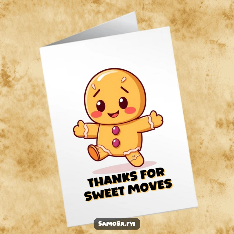 Funny Free Printable Thank You Card: A cheerful gingerbread cookie character does a funny, wobbly dance to express thanks.