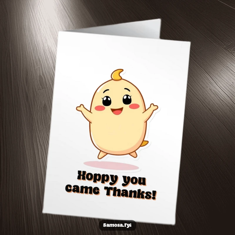 Funny Free Printable Thank You Card: Samosa character doing a funny little hop with a big grin, conveying gratitude with playful energy.