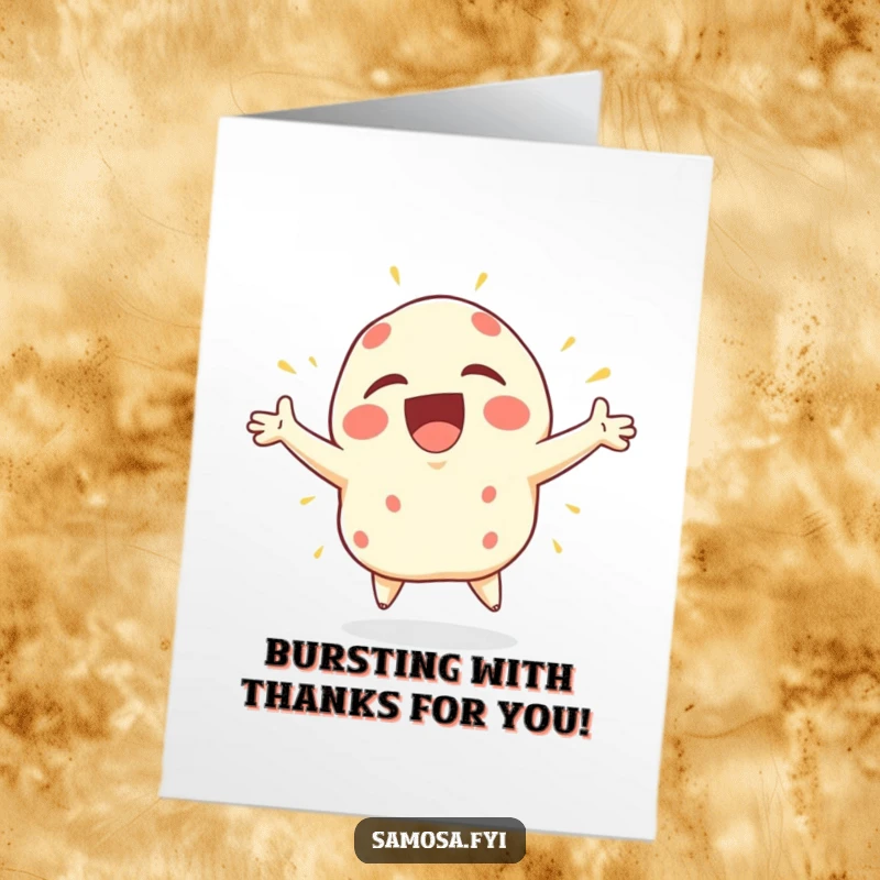 Funny Free Printable Thank You Card with a samosa character expressing extreme joy, arms waving erratically in a happy frenzy.