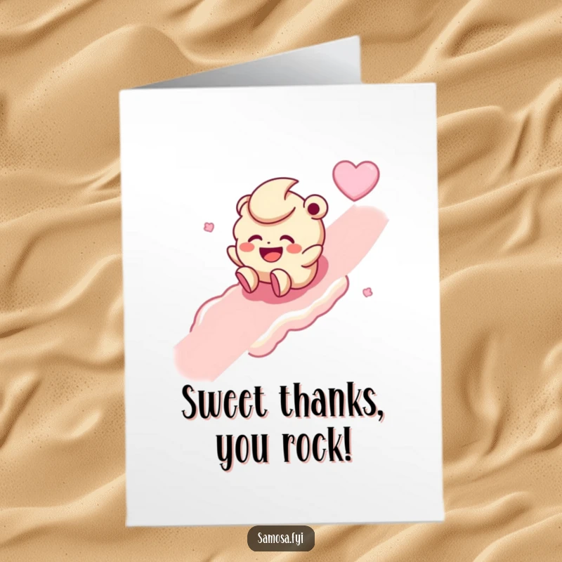 Sweet Free Printable Thank You Card with a delighted Laddoo character rolling down a slope, expressing thanks.