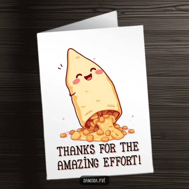 Funny free printable thank you card: a giggling samosa executes a cartwheel, its filling playfully escaping in the motion.