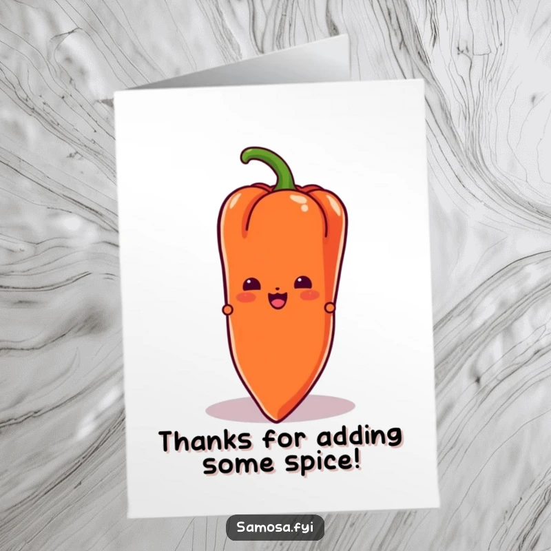Funny Free Printable Thank You Card with a samosa character peeking out mischievously from behind an oversized chili pepper.