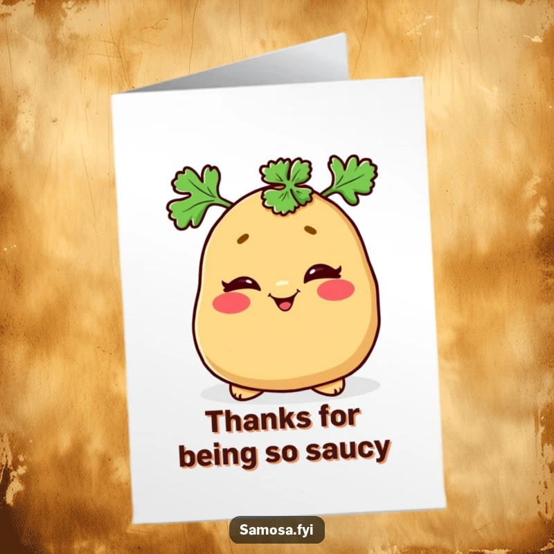 Funny Free Printable Thank You Card: Mischievous samosa winks in a parsley hat, a sly thank you.