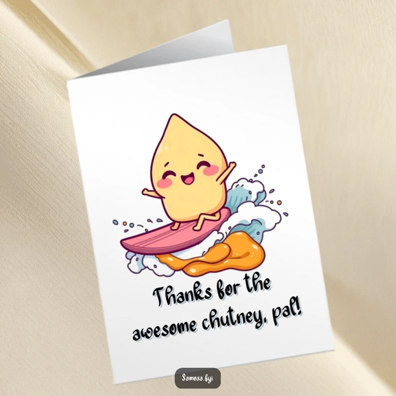 Funny Free Printable Thank You Card: Giggling samosa character surfing a sweet chutney wave, expressing thanks with humor.