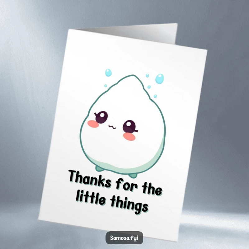 Funny Free Printable Samosa Card: Samosa character wide-eyed, looking up happily at a single falling sprinkle.