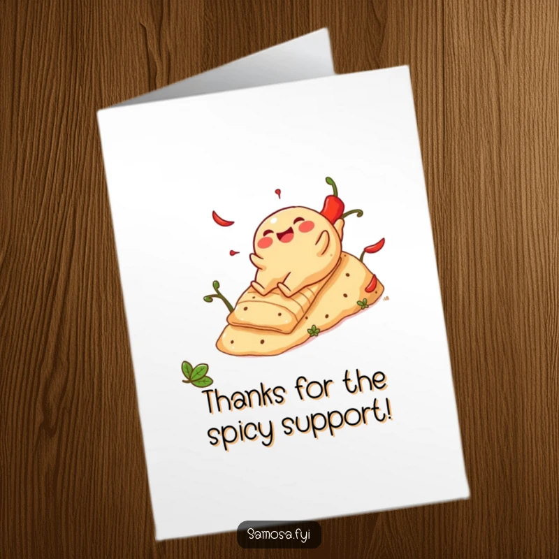 Funny free printable thank you card: a happy samosa slides downhill on a spicy pepper, conveying thanks with zest.