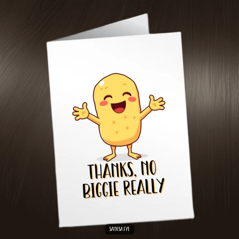 Funny Free Printable Thank You Card: Happy chickpea fritter shrugging comically, expressing thanks in a fun way, DIY download.