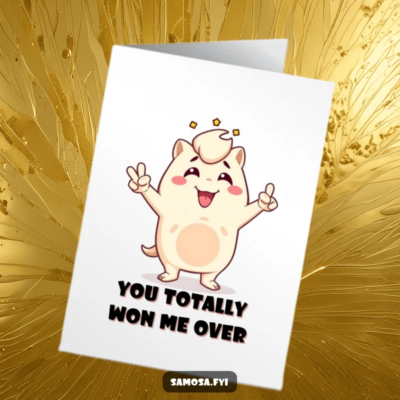 Funny free printable thank you card featuring a samosa character in a triumphant victory pose, expressing strong gratitude humorously.