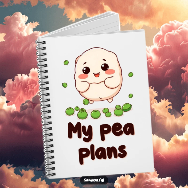 Funny dumpling notebook cover featuring the stuffed character trying to catch peas, ideal for cute journaling.