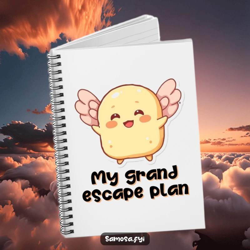 Funny notebook cover featuring a cheerful roti character attempting to fly using its flaky layers as wings, ready for notes.