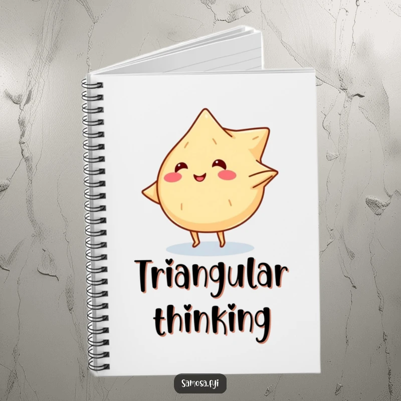 Funny notebook cover featuring a smiling samosa character with tiny legs doing a cartwheel, ready for notes.