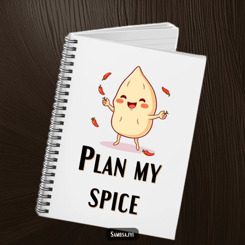 Funny Notebook: A happy samosa character juggles tiny chili peppers, perfect for jotting down spicy thoughts.