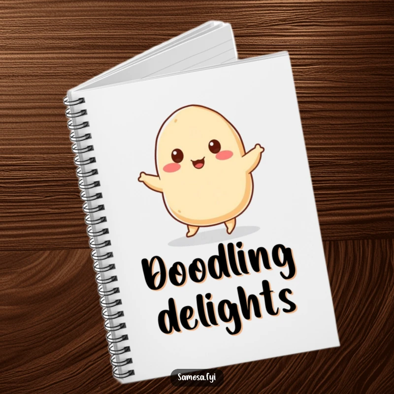 Funny Notebook with a cheerful samosa and tiny sesame seed eyes, humorously doing a joyful jig, great for jotting down food ideas.