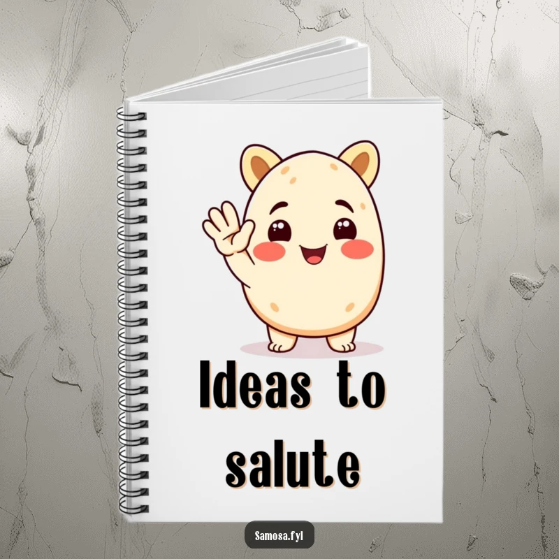 Funny Samosa Notebook with a smiling animated samosa character giving a cheerful salute, ideal for notes and as a funny gift.