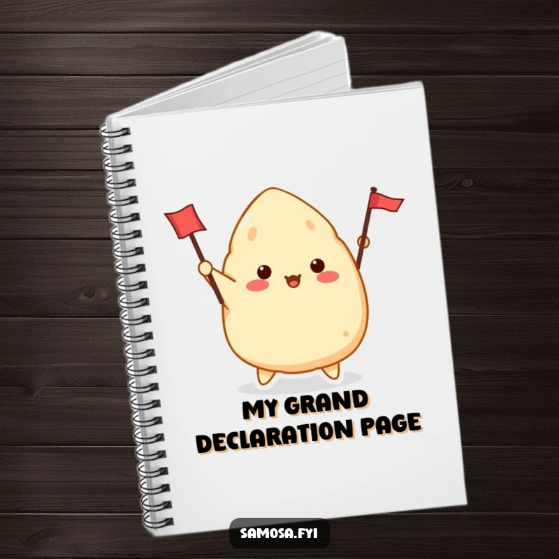 Funny Samosa Notebook cover with a cute samosa character enthusiastically waving a tiny flag, ideal for note-taking with humor.