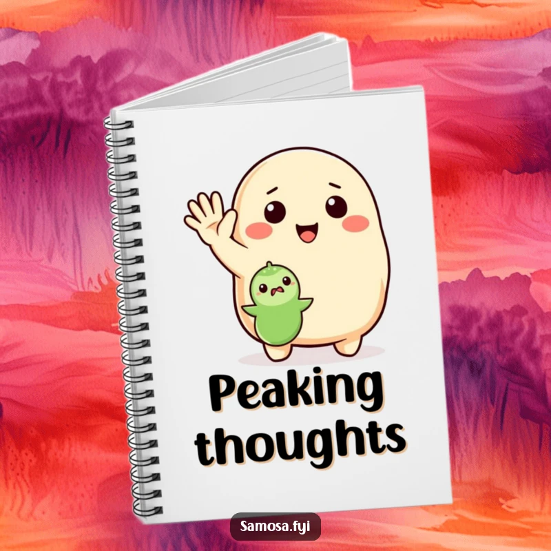 Funny Notebook with an enthusiastic samosa waving to a pea, perfect for jotting down friendly thoughts and ideas.