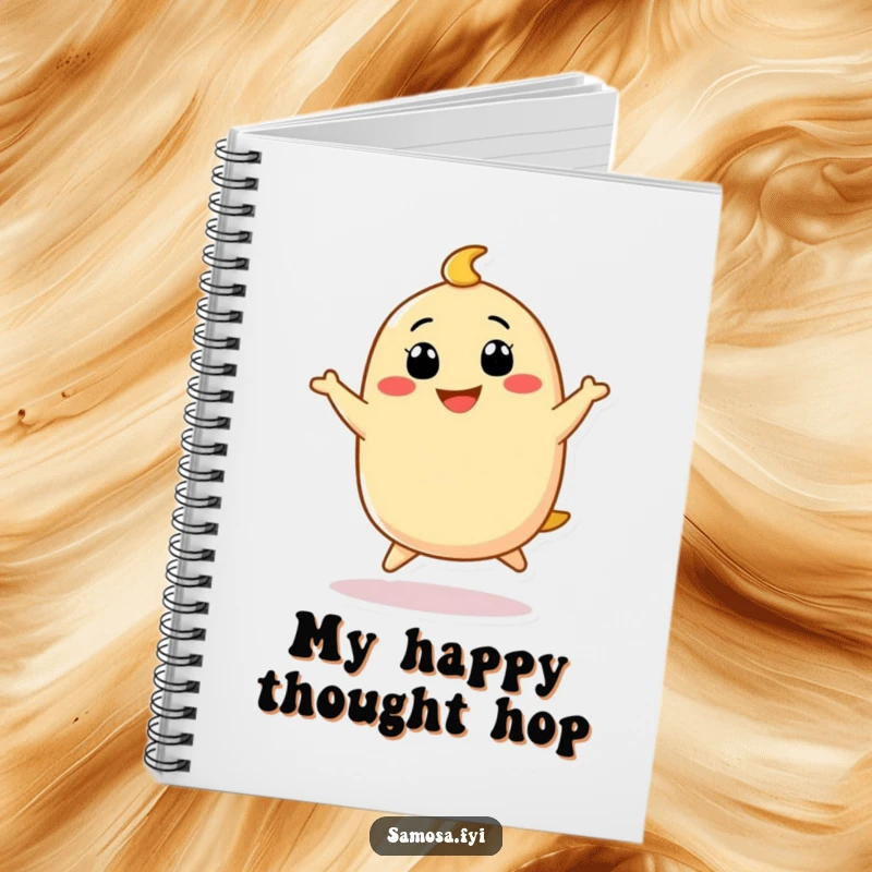 Funny Samosa Notebook cover with a cute samosa character doing a funny little hop with a big grin, ideal for joyful writing.