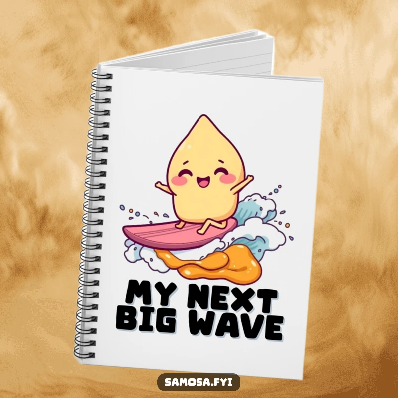 A lined notebook with a cover showcasing a giggling samosa character joyfully surfing a sweet chutney wave, designed for humor.