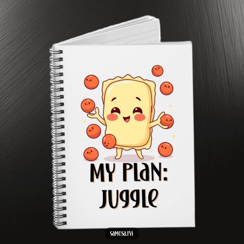 Notebook featuring a playful ravioli character juggling meatballs on the cover, perfect for jotting down culinary ideas.