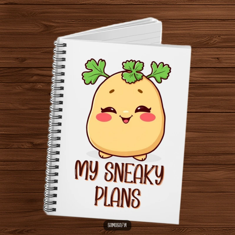 Funny notebook cover with a mischievous samosa winking with a parsley hat, perfect for notes and doodles.