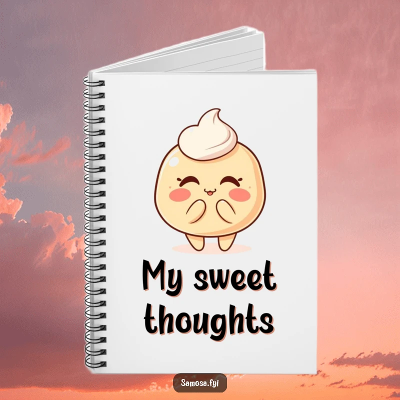 Notebook adorned with a blushing pastry puff character blowing a kiss, ideal for journaling sweet thoughts.