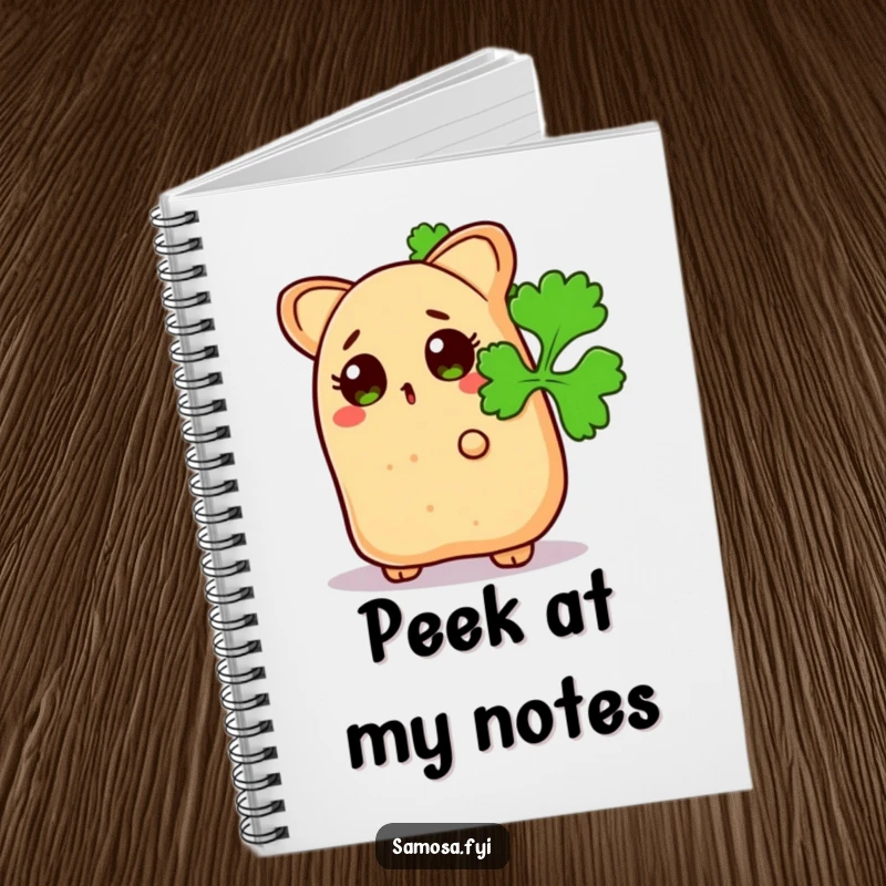 Funny Surprised Samosa Notebook: Pages for notes featuring a snack peeking from behind coriander leaves, encouraging playful writing.