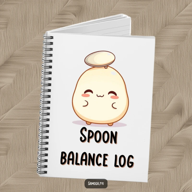 Funny notebook with a pastry puff balancing a spoon, ideal for jotting down notes with a humorous focus.