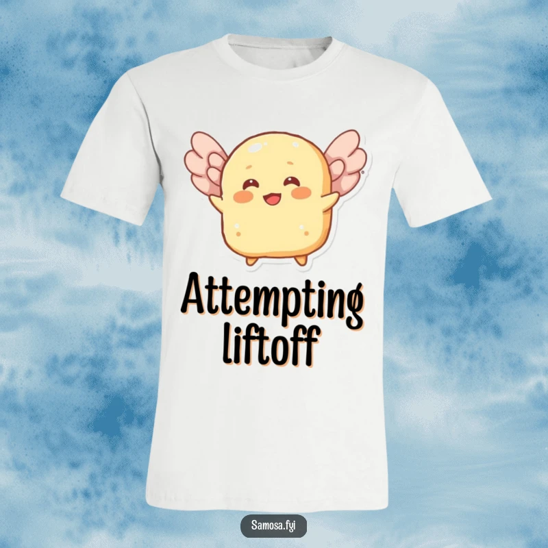 Funny t-shirt print of a cheerful roti character attempting to fly using its flaky layers as wings, full of optimistic energy.